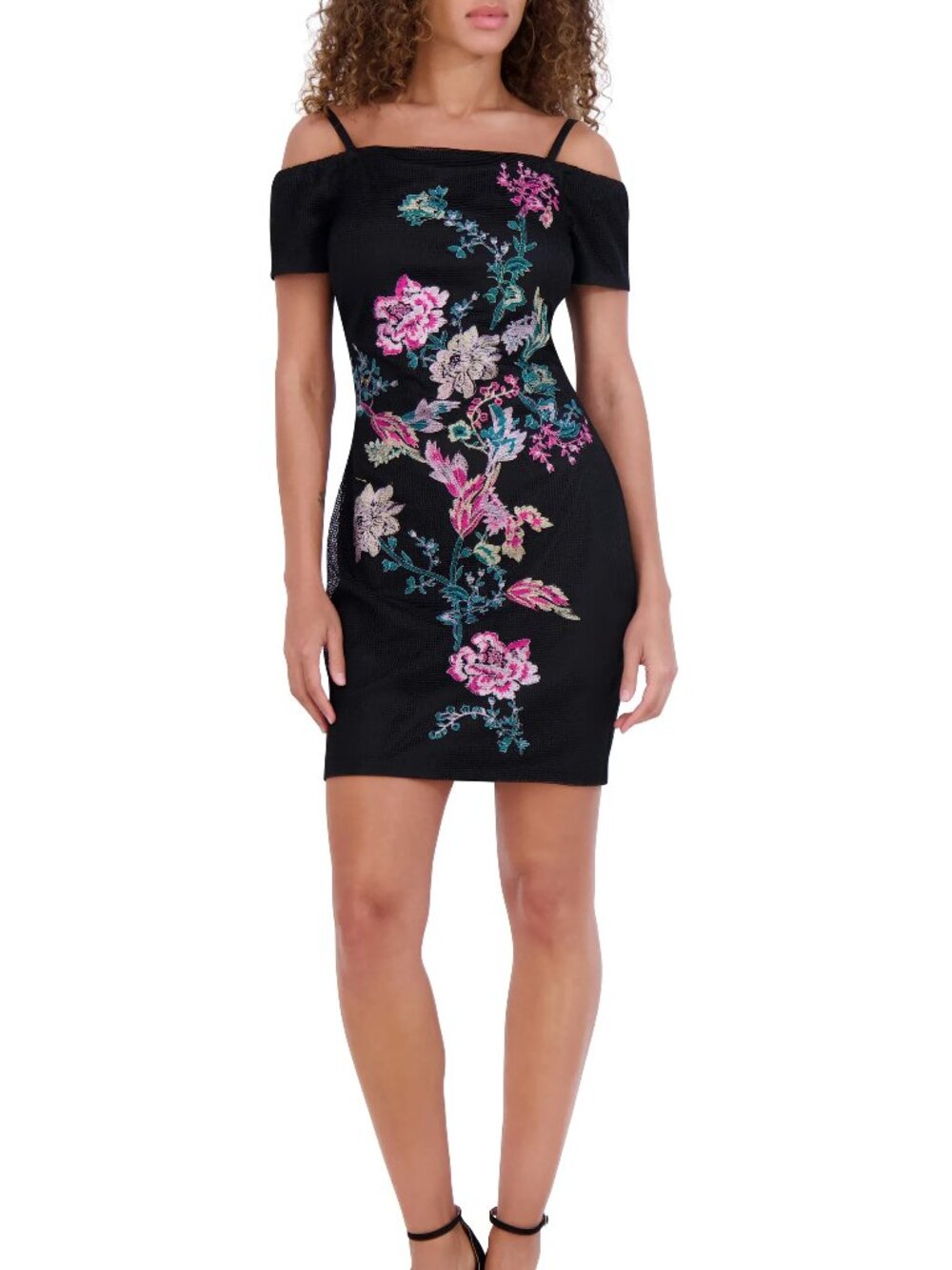 Embroidered Mesh Cold Shoulder Dress Black Multi Size 12